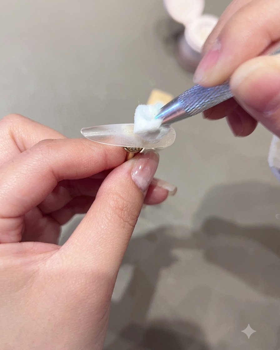Ein Werkzeug hält ein Wattepad mit Flüssigkeit und trägt Produkt auf eine durchsichtige Nagelspitze auf.