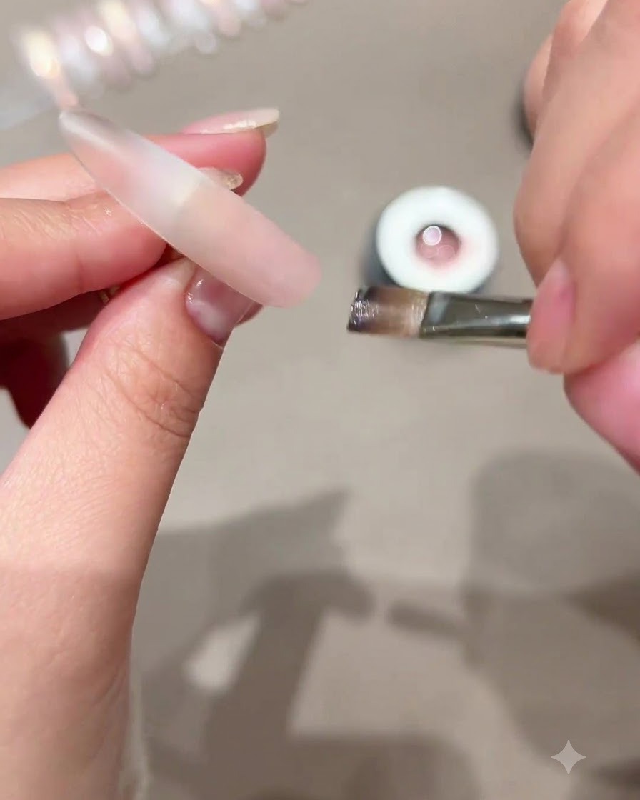 Eine Nagelspitze neben einem Gelpinsel gehalten, die den Übergangsbereich für den Verlaufeffekt zeigt.