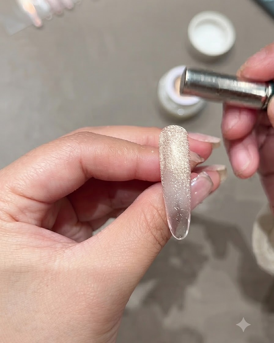 Nahaufnahme einer Hand, die einen zylindrischen Magneten über einem länglichen Nagel hält und ein breites Band schimmernden Cat-Eye-Effekts offenbart.