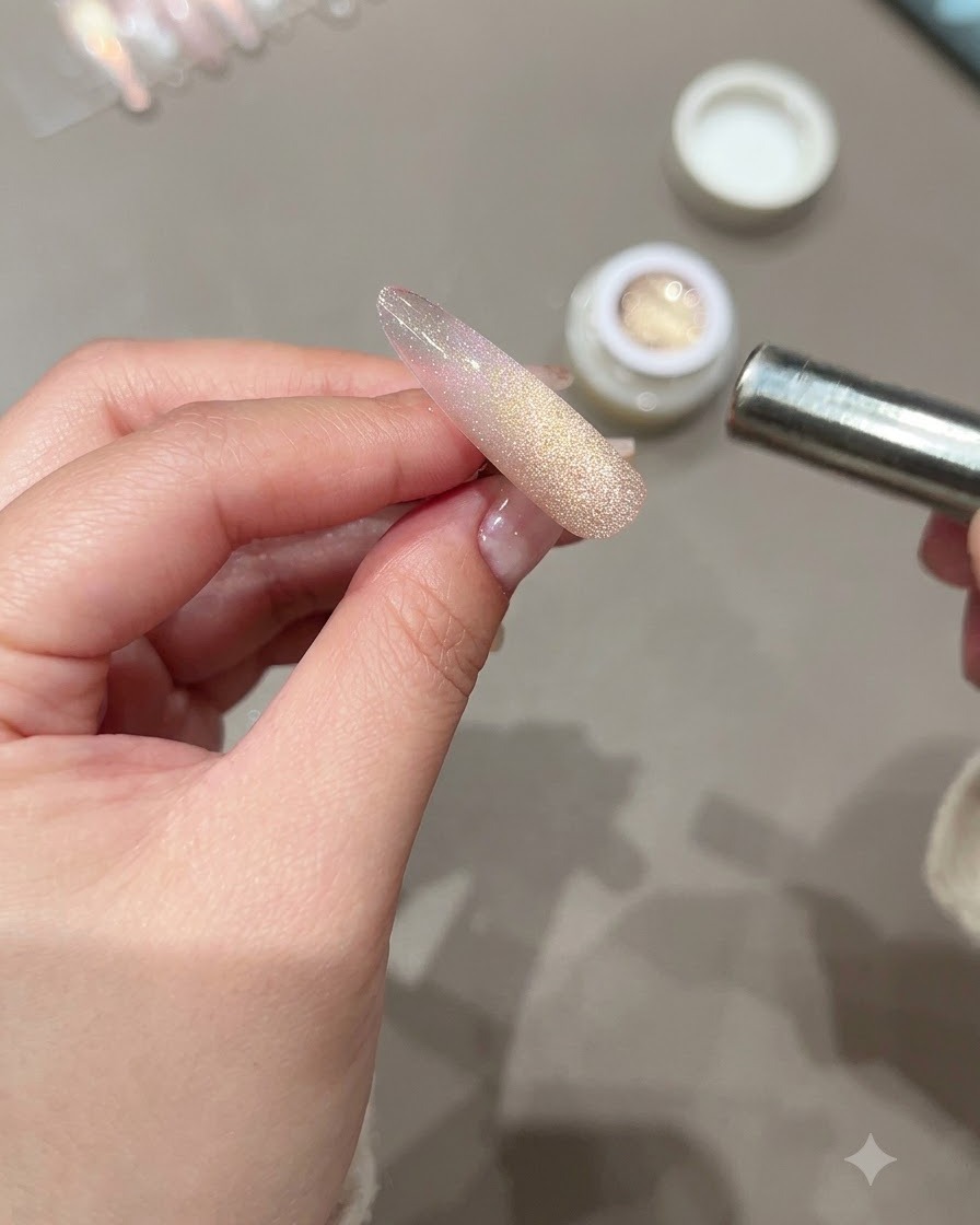 Eine Hand verwendet einen kleinen Magneten, um die leuchtenden Cat-Eye-Partikel zum Mittelstreifen eines langen Nagels zu schieben.