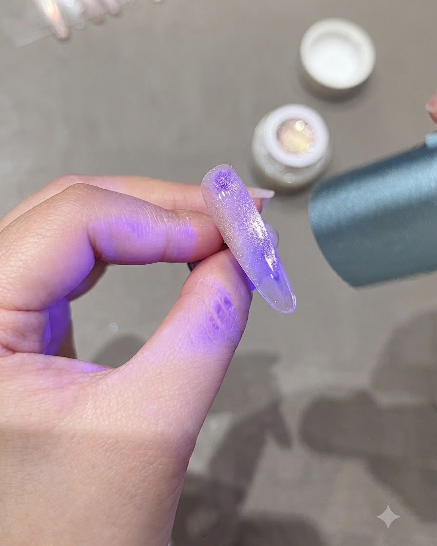 Eine Hand hält eine violett leuchtende UV-Härtungslampe über einen länglichen Nagel mit zentriertem Cat-Eye-Schimmerdesign.