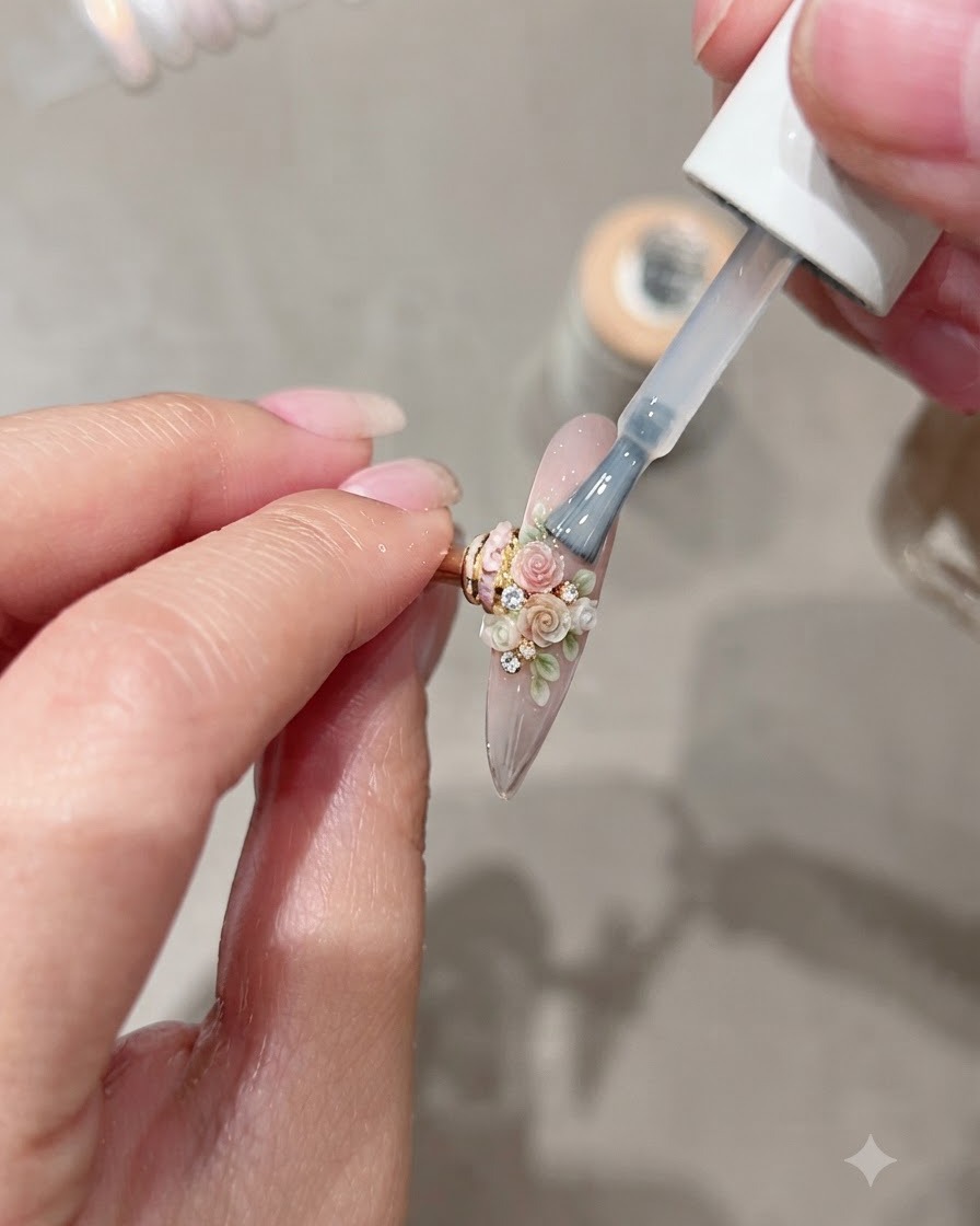 Ein Pinsel trägt einen klaren Topcoat aus Moding C8 Spiegelgel auf einen länglichen Nagel auf, der mit 3D-Miniaturblumenkunst geschmückt ist.