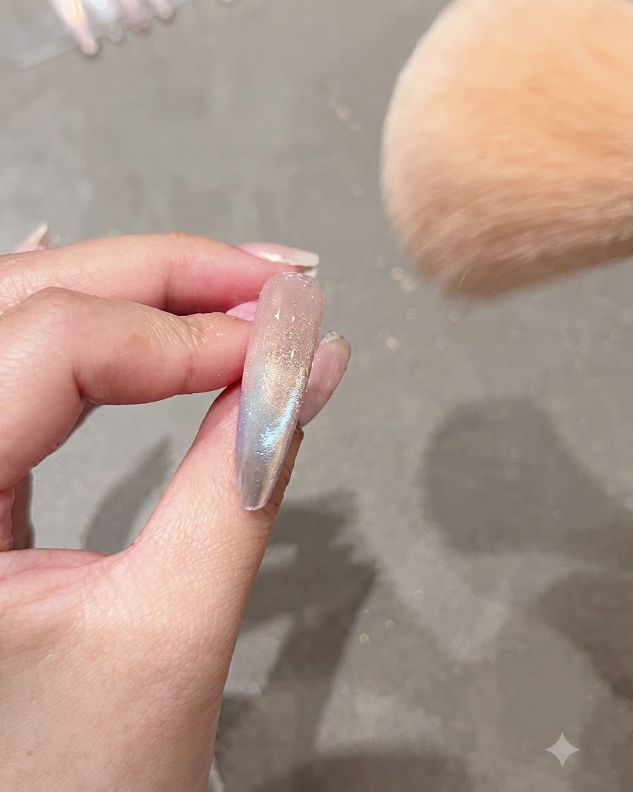 Ein großer, fluffiger Make-up-Pinsel fegt überschüssiges Aurora-Pulver von einem verzierten Nagel ab.