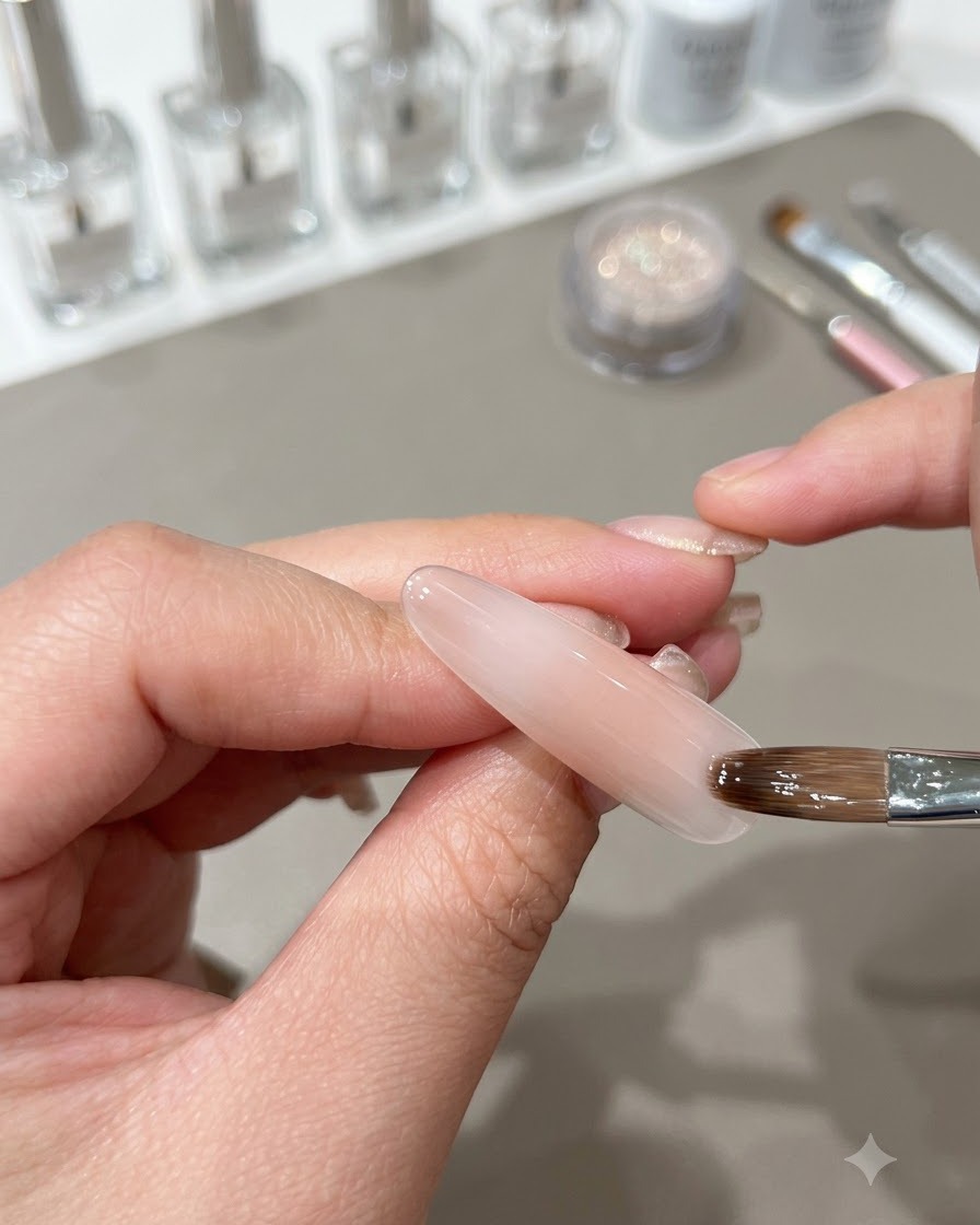 Ein Pinsel glättet die Nude-Basisschicht, um einen Verlauf auf dem Nagel zu bilden.