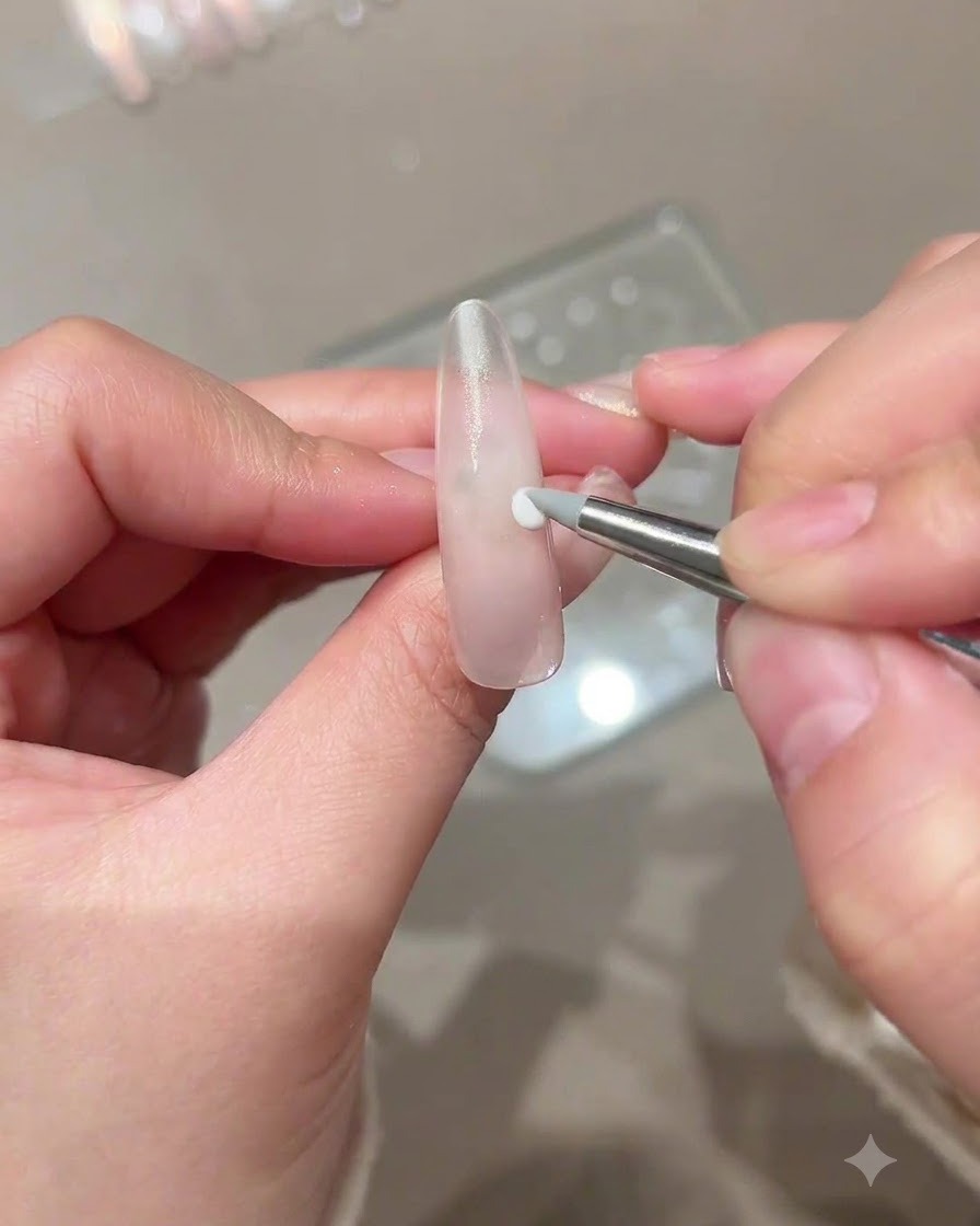 Ein Silikonspitzen-Werkzeug platziert einen kleinen weißen Punkt aus Modelliergel auf einem Nude-Nagel.