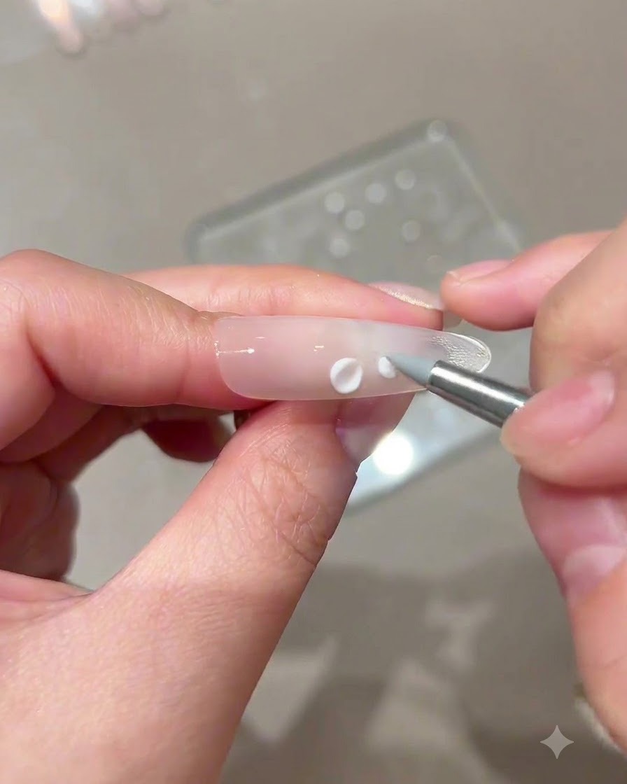 Ein Nagelwerkzeug platziert kleine weiße Modelliergelkugeln um einen Mittelpunkt auf einem Nagel.