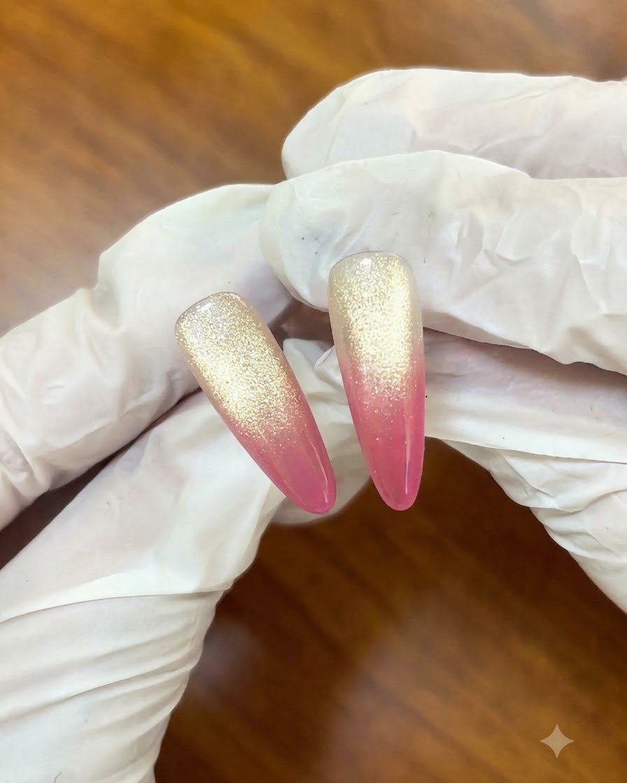 Eine Nahaufnahme eines Nagelpinsels, der beerenrosa Gel auf die Spitze eines künstlichen Nagels aufträgt.