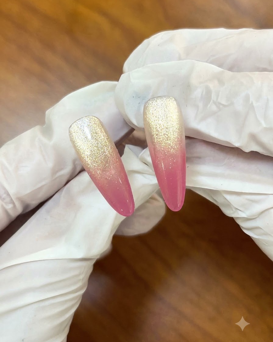 Ein Make-up-Schwamm tupft sanft rosa Gel auf einen Nagel, um einen Ombré-Farbverlauf zu erzeugen.