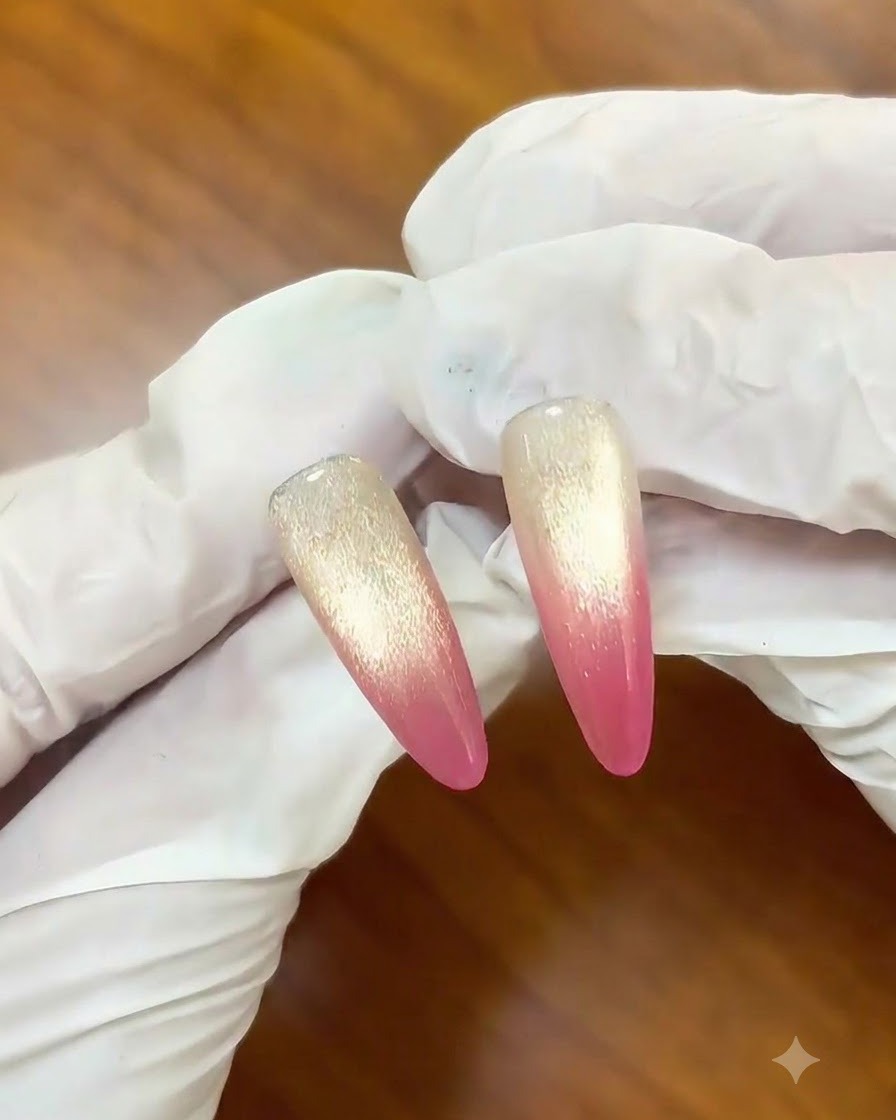 Das Auftragen einer zweiten Schicht beerenrosa Gels zur Verdunkelung der Nagelspitzen.