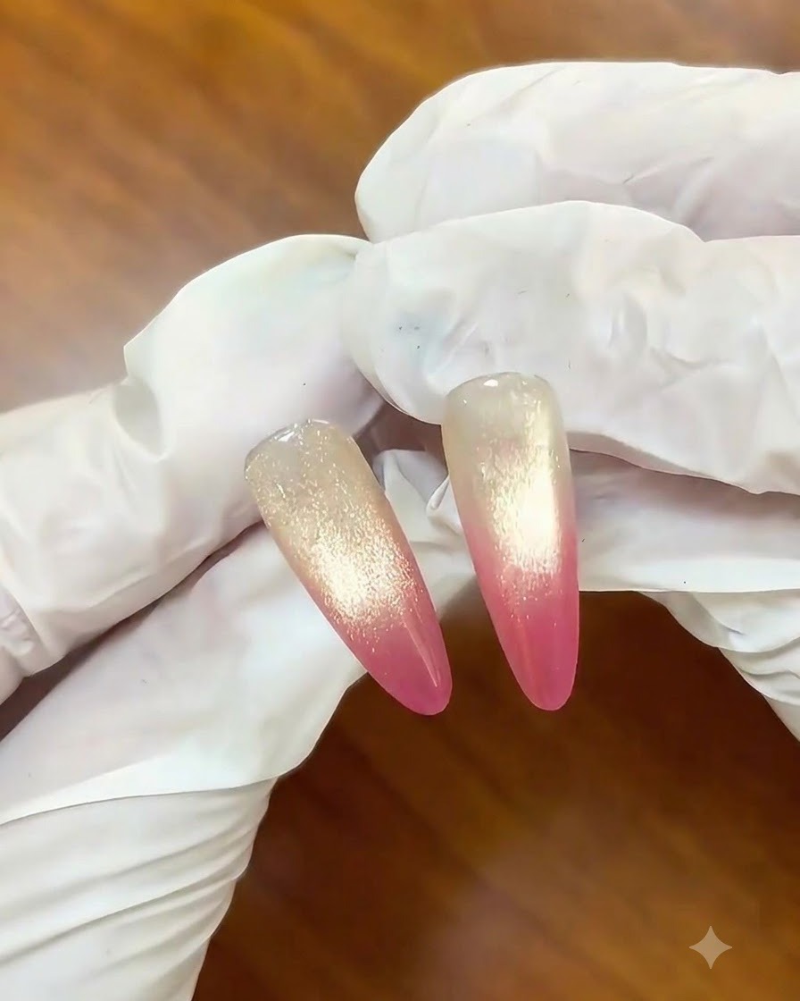 Ein Pinsel trägt einen goldenen magnetischen Cat-Eye-Lack über dem vorgehärteten Ombré-Nagel auf.