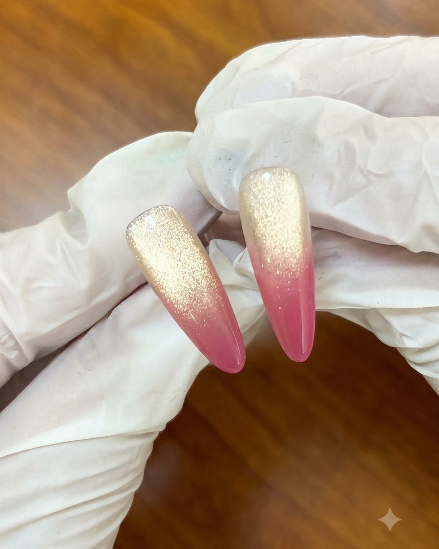 Ein Magnetwerkzeug wird nahe der Seite eines lackierten Nagels gehalten, um magnetische Glitzerpartikel zu sammeln.