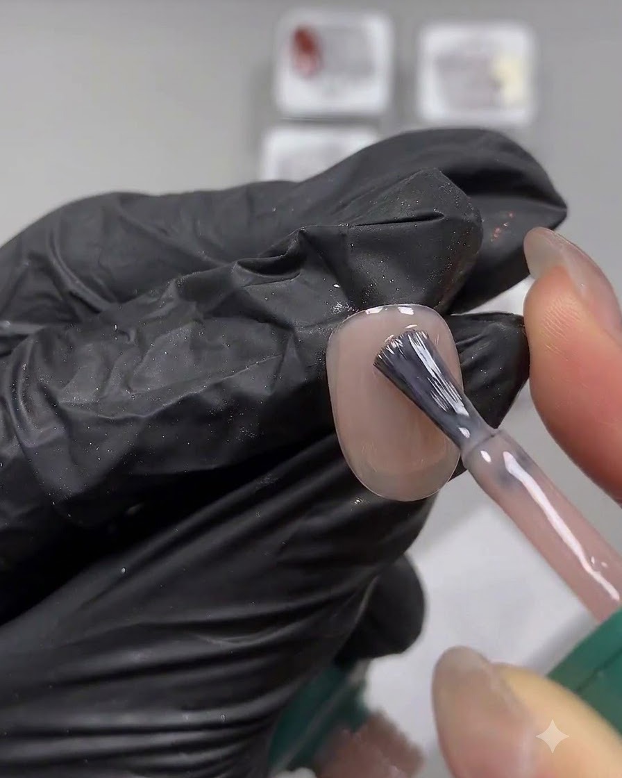 Ein Nagelpinsel trägt sorgfältig eine glatte Schicht nackten, milchigen Gel-Lacks auf einen Naturnagel auf.