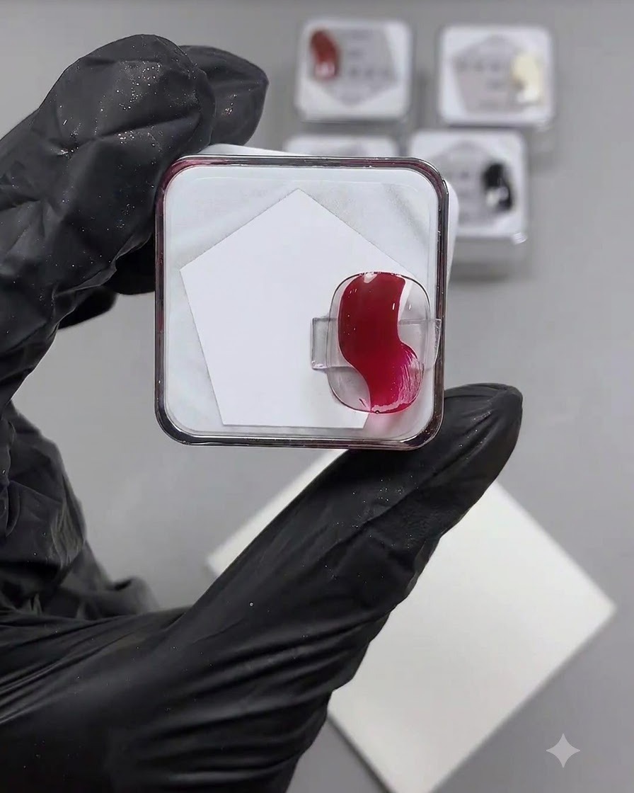 Ein Spatel oder Pinsel platziert Kleckse aus leuchtend rotem Potted Gel auf einer sauberen weißen Mischpalette.