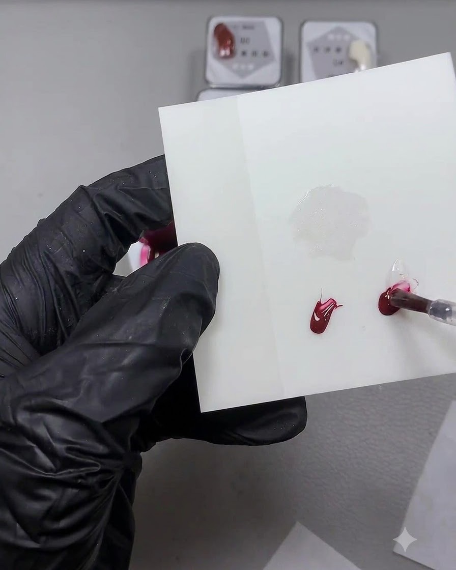 Ein feiner Nagelkunstpinsel mischt einen Klecks rotes Gel mit klarem Base Gel auf einer weißen Mischfläche.