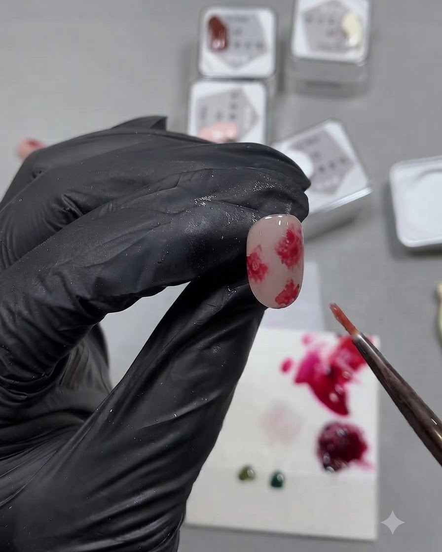 Ein feiner Pinsel tupft klares Base Gel um die vier umliegenden Kanten der gemalten Rosenform, um eine weiche Aquarell-Blüte zu erzeugen.