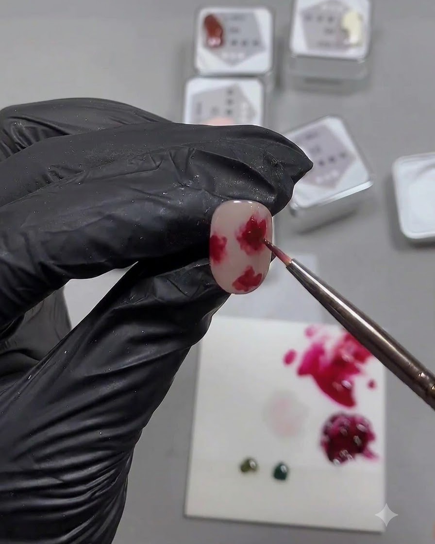 Ein feiner Pinsel trägt dunkles rotes Gel auf die Mitte eines Rosendesigns auf einem Nagel auf.
