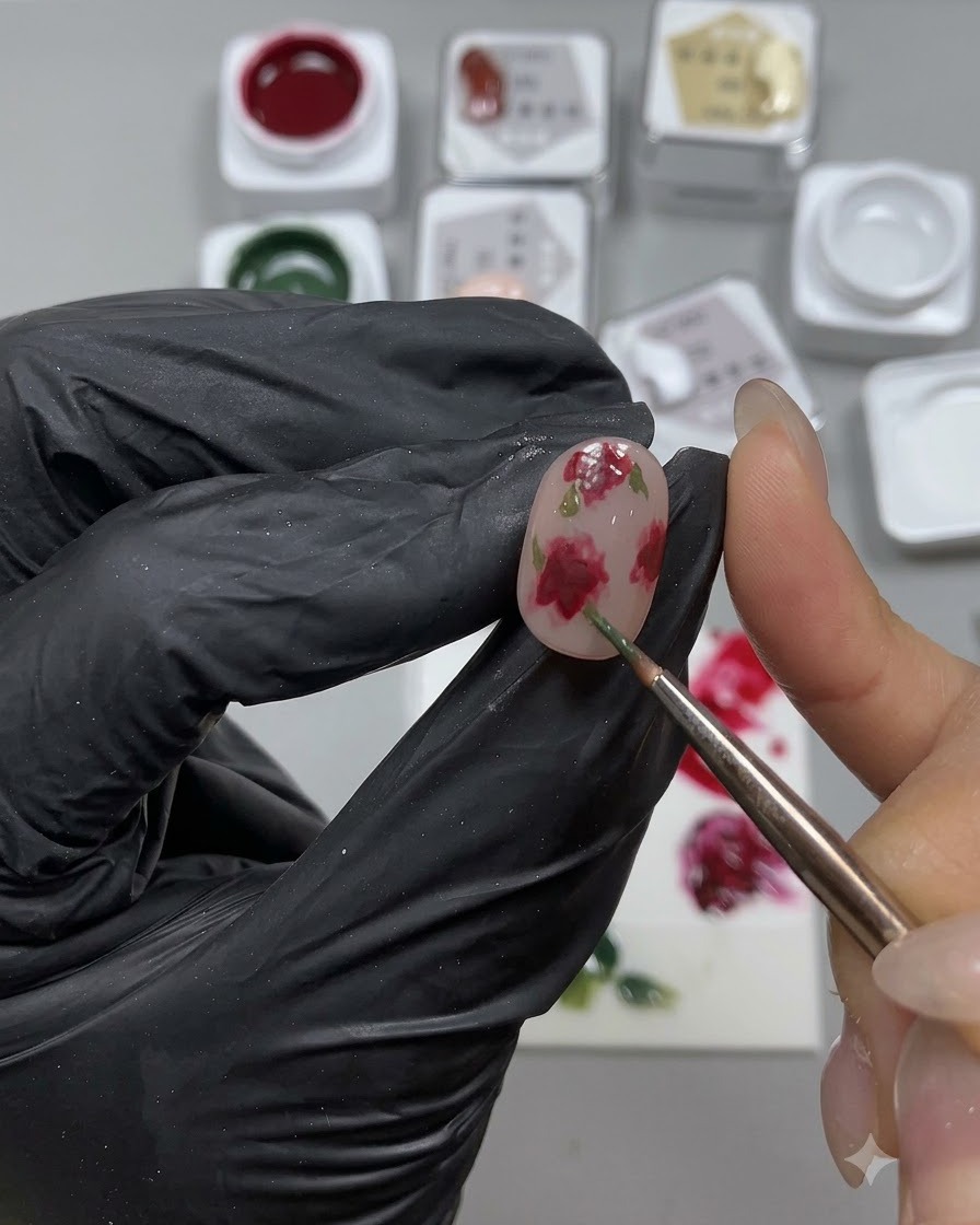 Ein feiner Pinsel malt grüne Blätter um die gemalten Rosen auf einem Nagel.