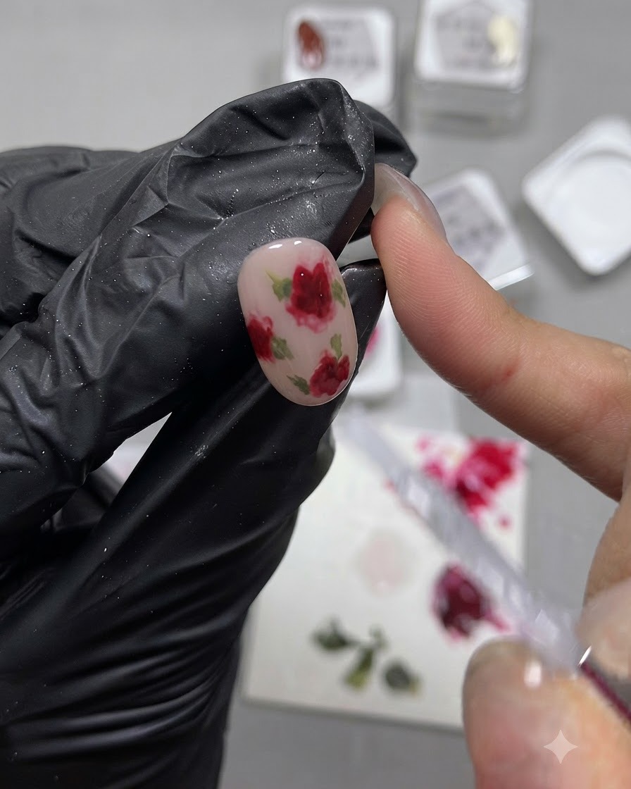 Ein fertiges Nageldesign zeigt einen klaren Lichtreflexionsring auf der Oberfläche.
