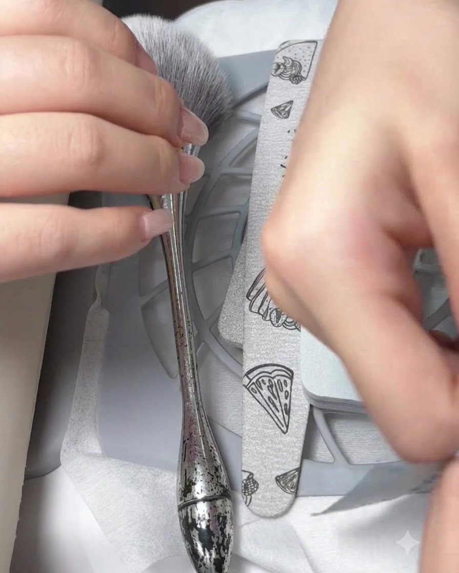 Hände öffnen einen versiegelten, sterilen Papierbeutel mit professionellen Nagelwerkzeugen aus Metall.