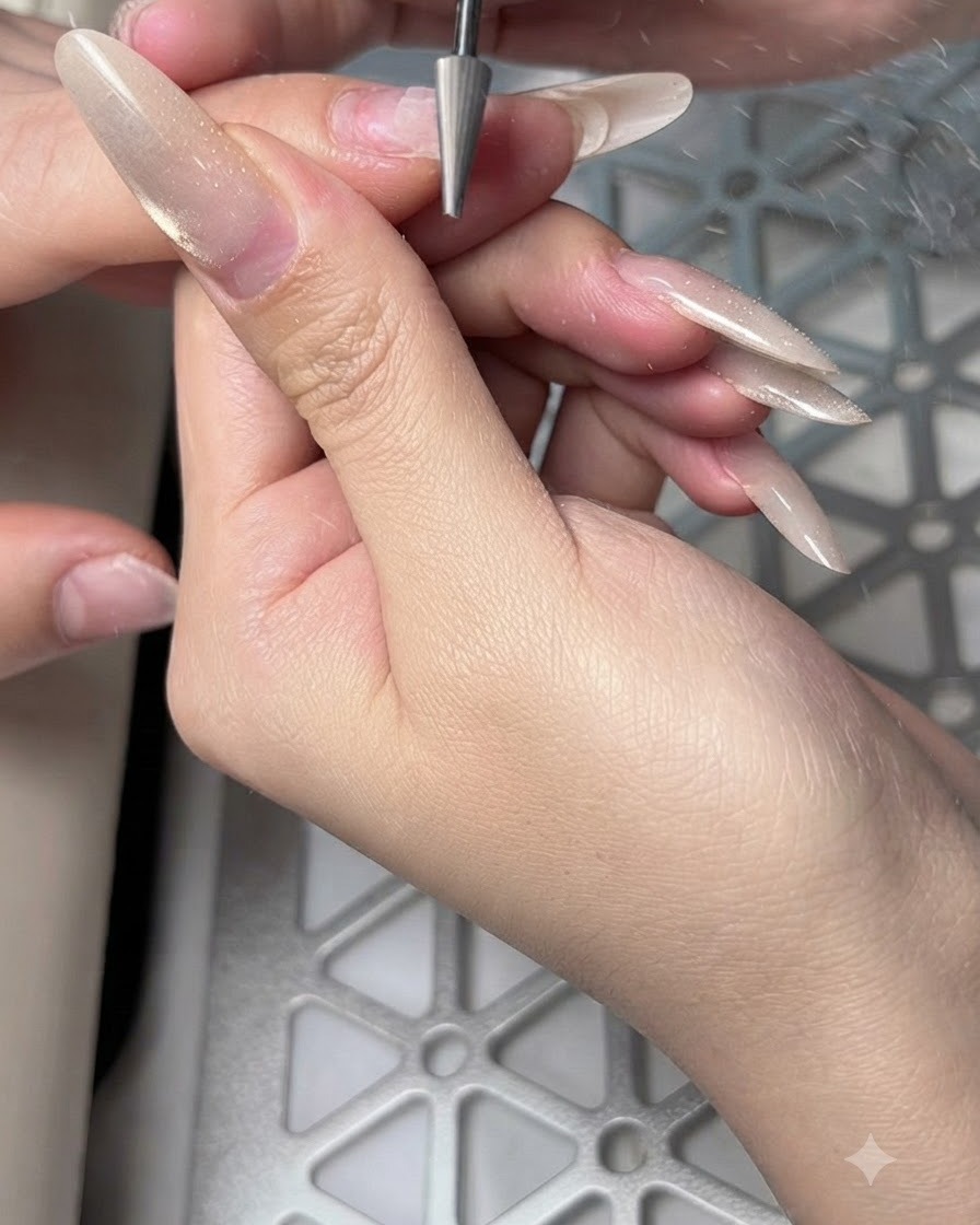 Eine elektrische Feile mit einem Hartmetallbit entfernt altes Gel-Modellagematerial von einem langen Fingernagel.