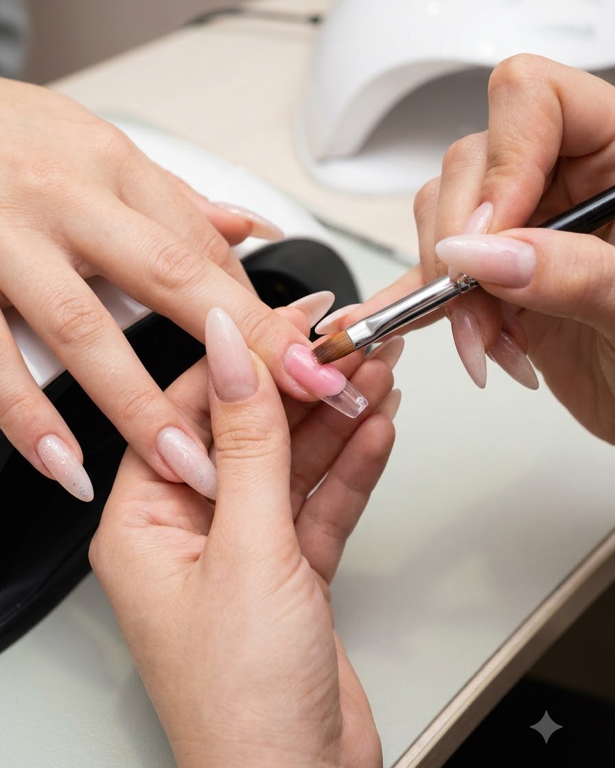 Ein Nagelpinsel trägt eine Schicht klares Struktur-Gel auf einen verlängerten Nagel auf.