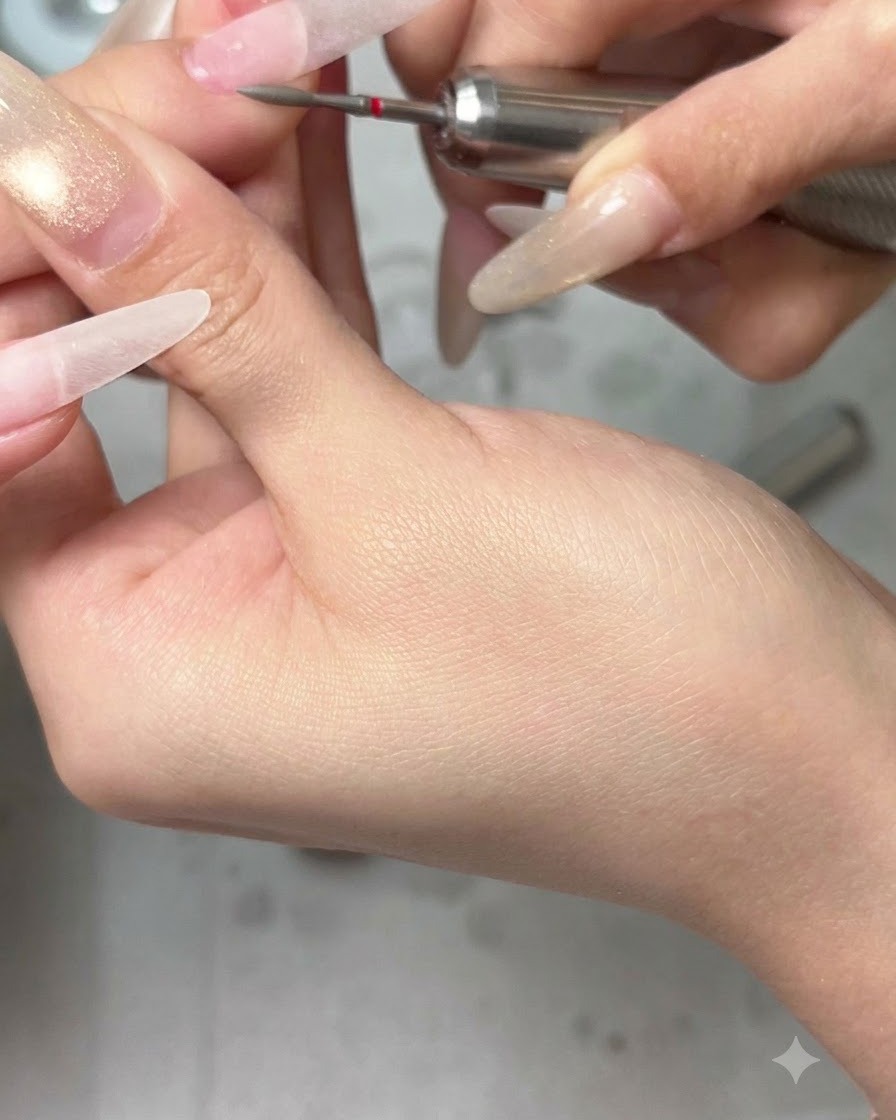 Nahaufnahme einer Nageldesignerin, die mit einer elektrischen Nagelfeile die Oberfläche eines natürlich wirkenden Nagels glättet.