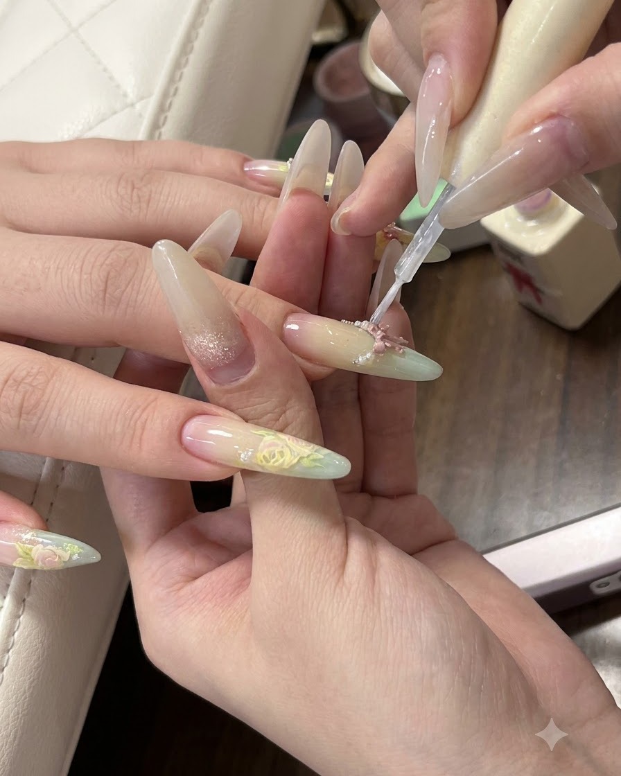 Eine Nageldesignerin tupft gelbes Gel mit einem Schwamm auf die Nageloberfläche, um den sommerlichen Ombré-Effekt zu verstärken.