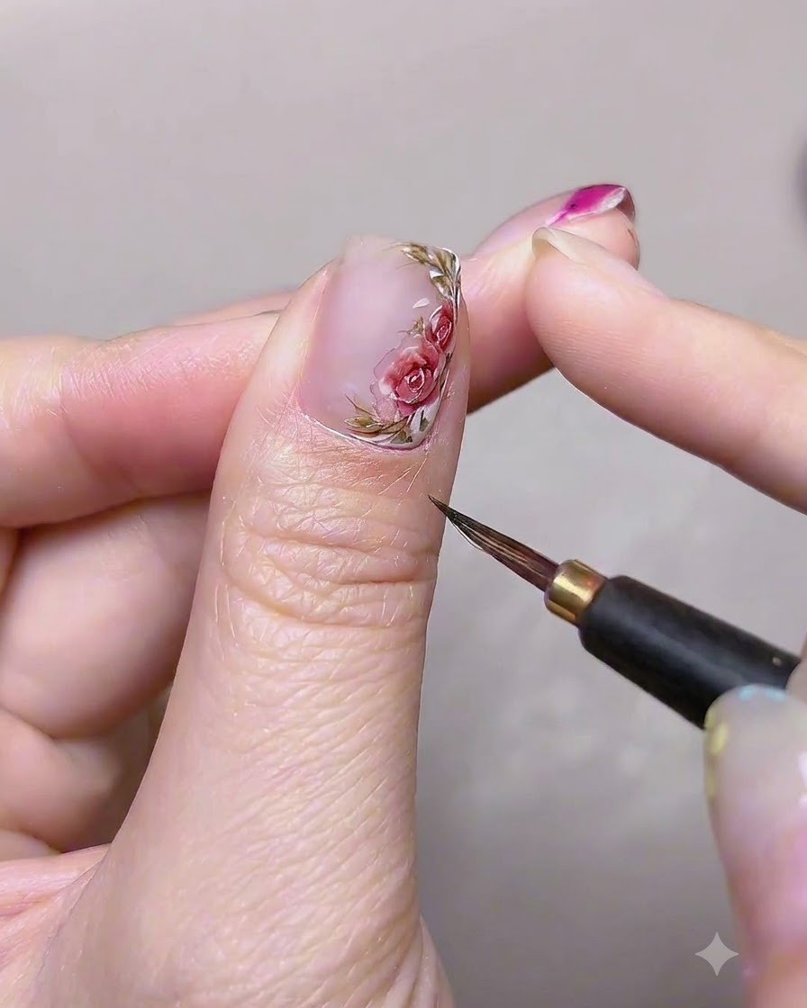 Ein flacher Gelpinsel trägt eine glatte Schicht aus klarem Base-Gel auf einen Daumennagel auf.