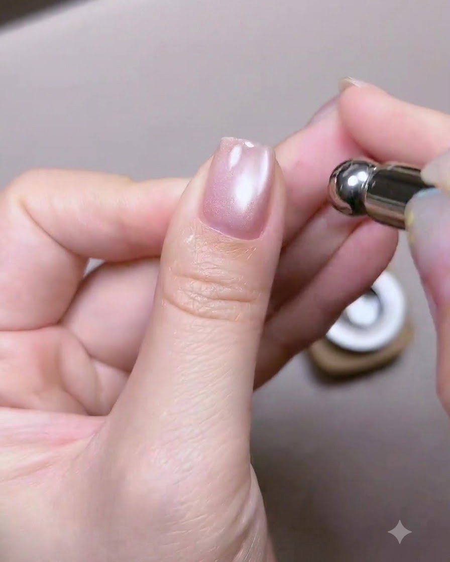 Ein Magnetstab wird in die Nähe eines glänzenden Daumennagels gehalten, um die Cat-Eye-Schimmerpartikel zu magnetisieren und zu konzentrieren.