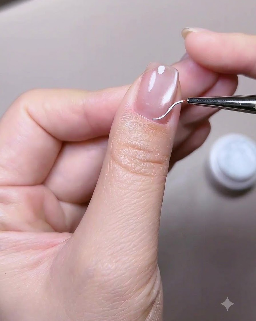 Ein feiner Liner-Pinsel zieht eine zarte, weiße geschwungene Linie entlang des Nagelrands für einen Side-French-Look.