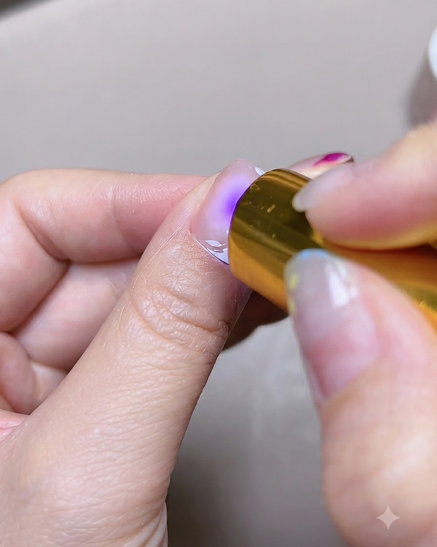 Eine tragbare Mini-UV- oder LED-Lampe härtet das Gel auf einem Fingernagel aus.