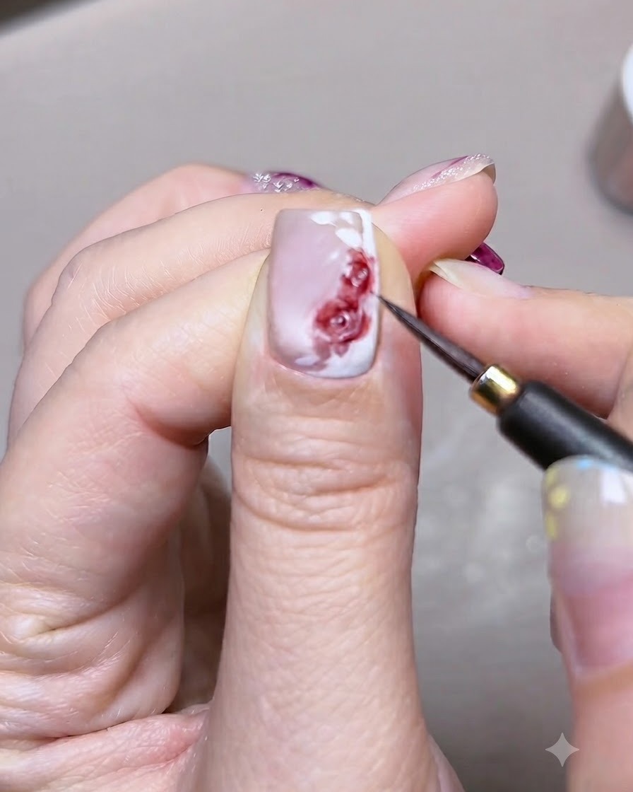 Eine Nahaufnahme eines feinen Pinsels, der detaillierten Aquarell-Rosen und Blättern auf einem Nagel den letzten Schliff und Tiefe verleiht.