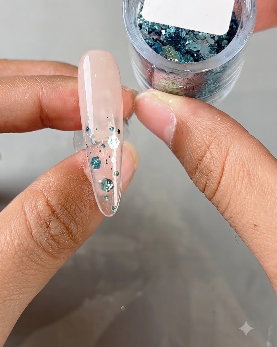Ein langer klarer Nagel, verziert mit blauen und silbernen Pailletten, gehalten über einem offenen runden Behälter gefüllt mit passenden Glitzerflocken.