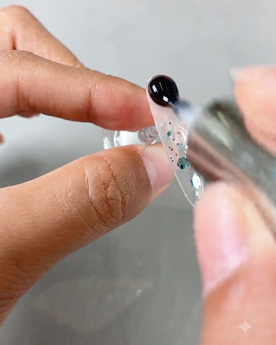 Ein Tropfen klarem Gel wird auf die Oberseite eines mit Pailletten dekorierten Nagels aufgepinselt.