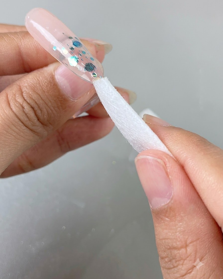 Ein weißes Reinigungstuch wird verwendet, um die klebrige Rückstände von einem glänzenden Nagel abzuwischen.