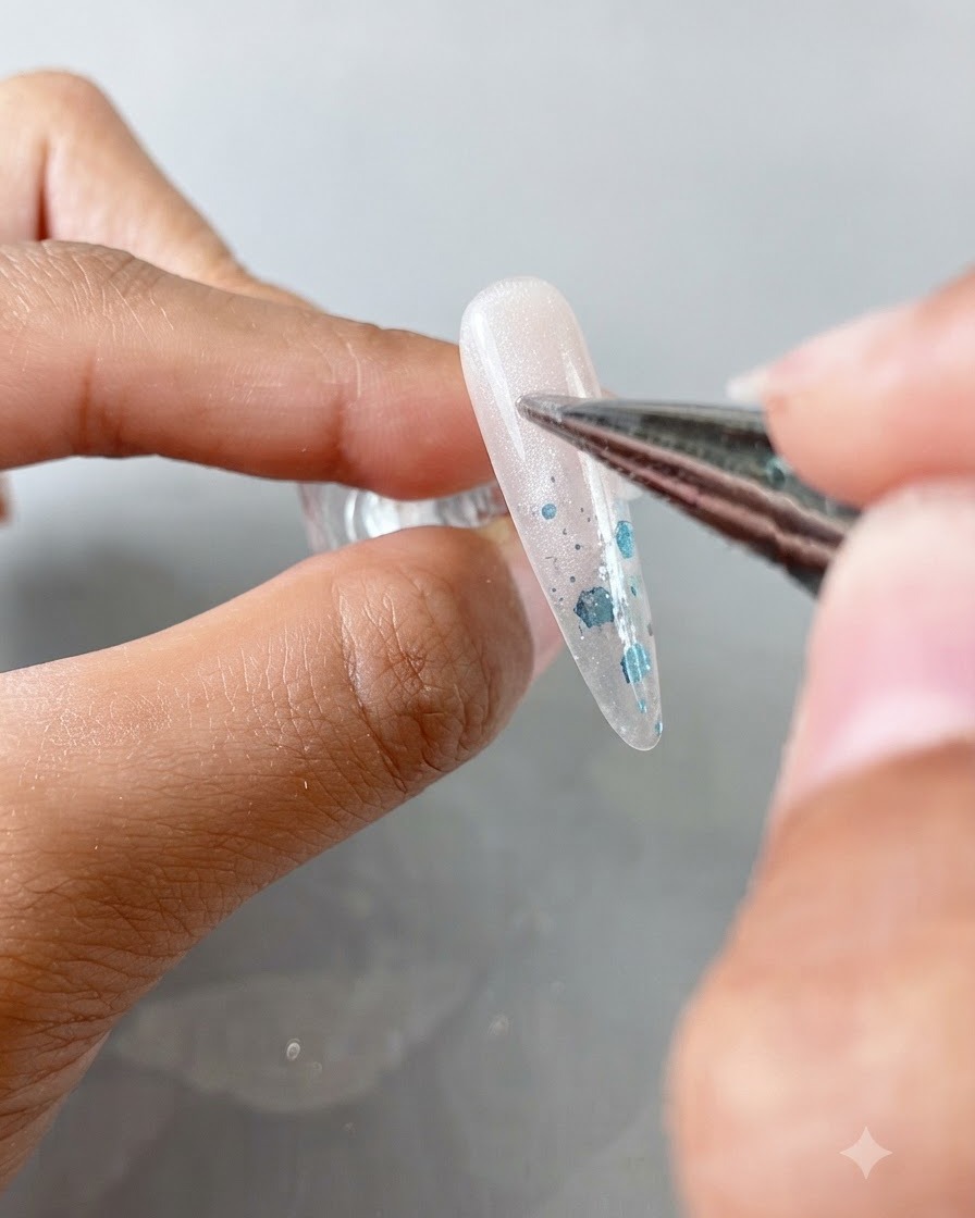 Ein Präzisionspinsel trägt klares Cat-Eye-Gel auf einen mandelförmigen Nagel auf.
