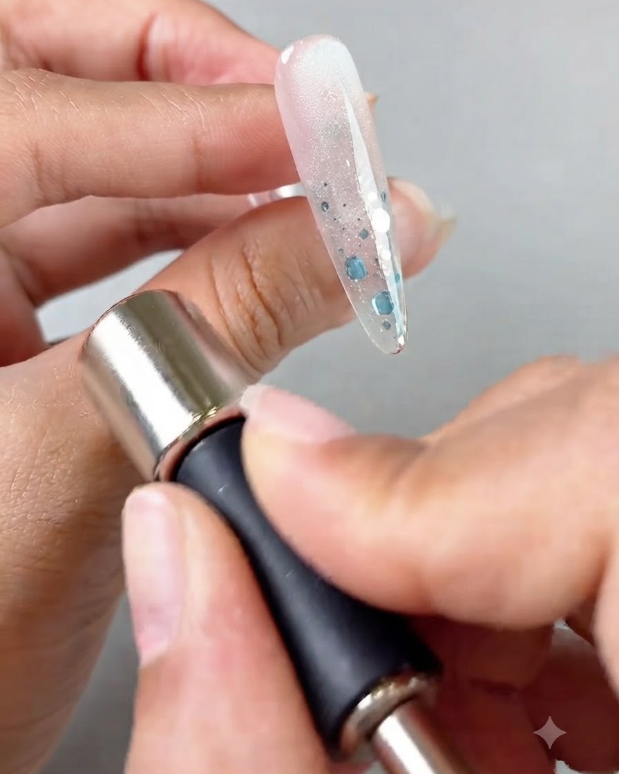 Ein zylindrischer Magnetstab wird in der Nähe der Seite eines Cat-Eye-Gel-Nagels verwendet.