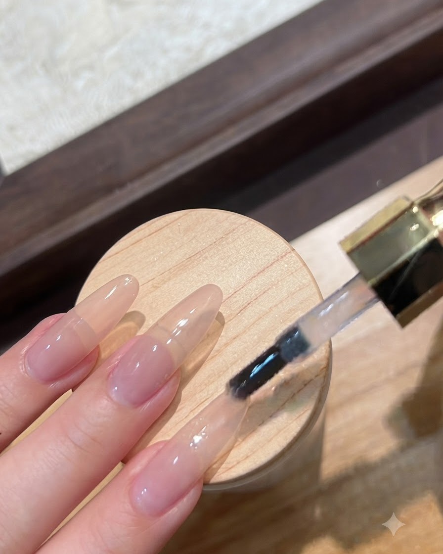 Ein Nagelpinsel trägt einen klaren Non-Wipe Top Coat auf ausgewählte Finger auf.
