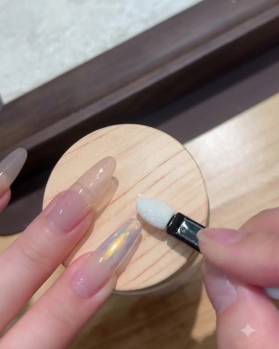 Ein Applikatorschwamm reibt Moonlight-Puder auf einen Nagel, um ein Aurora-Finish zu erzeugen.