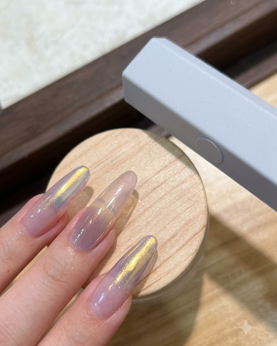 Eine Metallpinzette nimmt einen kleinen weißen spitzen Strassstein von einer Palette auf.