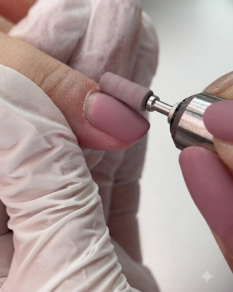 Ein Schleifband-Aufsatz an einer Fräse poliert sanft die matte Oberfläche eines pinkfarbenen Nagels.