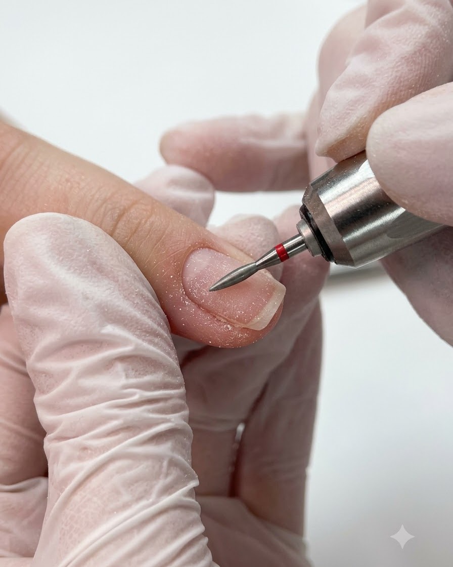 Ein rot markierter, flammenförmiger Fräser führt eine Präzisionsreinigung entlang des Nagelhautpfals durch.