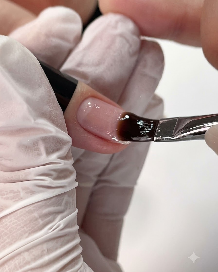 Ein Nagelpinsel trägt eine dünne Schicht klares Base-Gel auf einen Naturnagel auf.