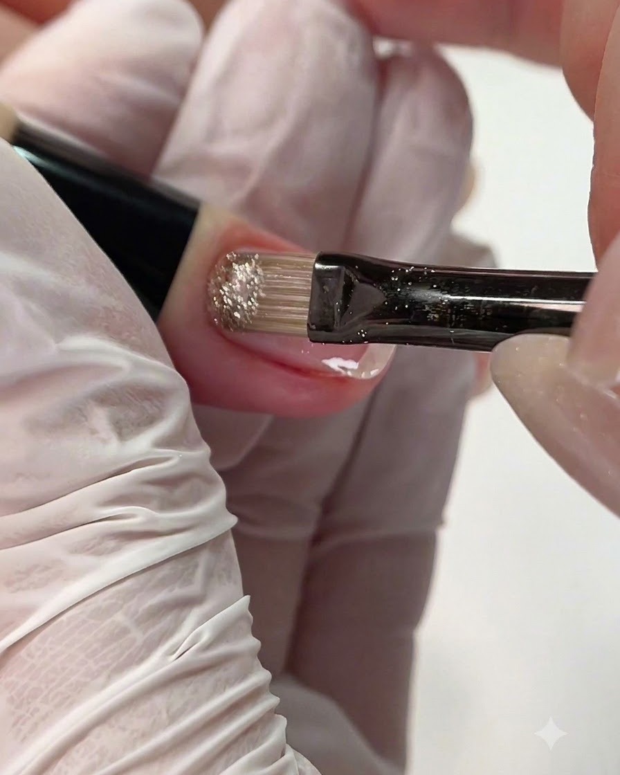 Ein kleiner Flachpinsel trägt glitzerndes Crushed-Diamond-Gel auf die hintere Kante eines Nagels auf.