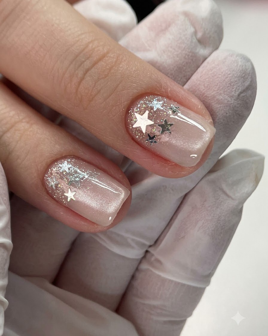 Ein Pinsel trägt eine klare Schicht Aufbau-Gel auf eine vorbereitete Nagelplatte auf.