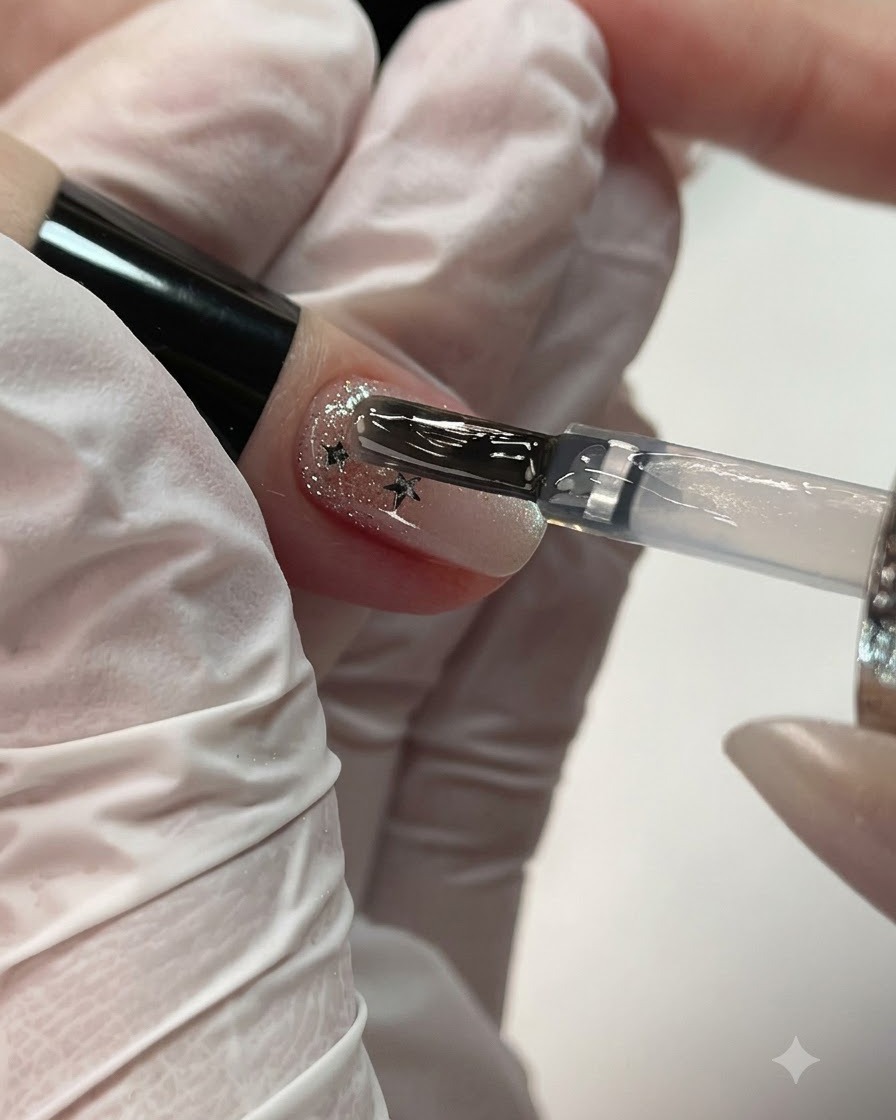 Ein Pinsel platziert eine Perle aus klarem Aufbau-Gel in der Nähe des Nagelhautbereichs eines Fingers.