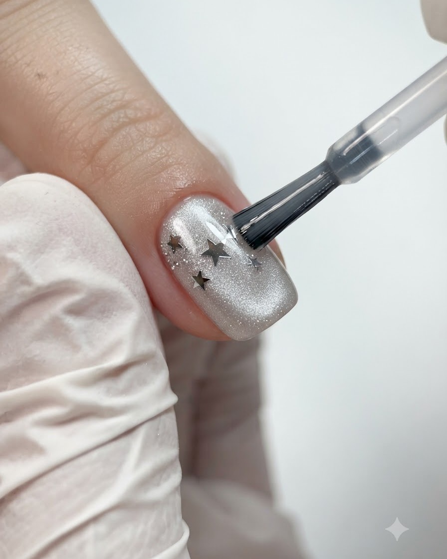 Ein feiner Liner-Pinsel glättet und verfeinert klares Aufbau-Gel auf einem manikürten Nagel.