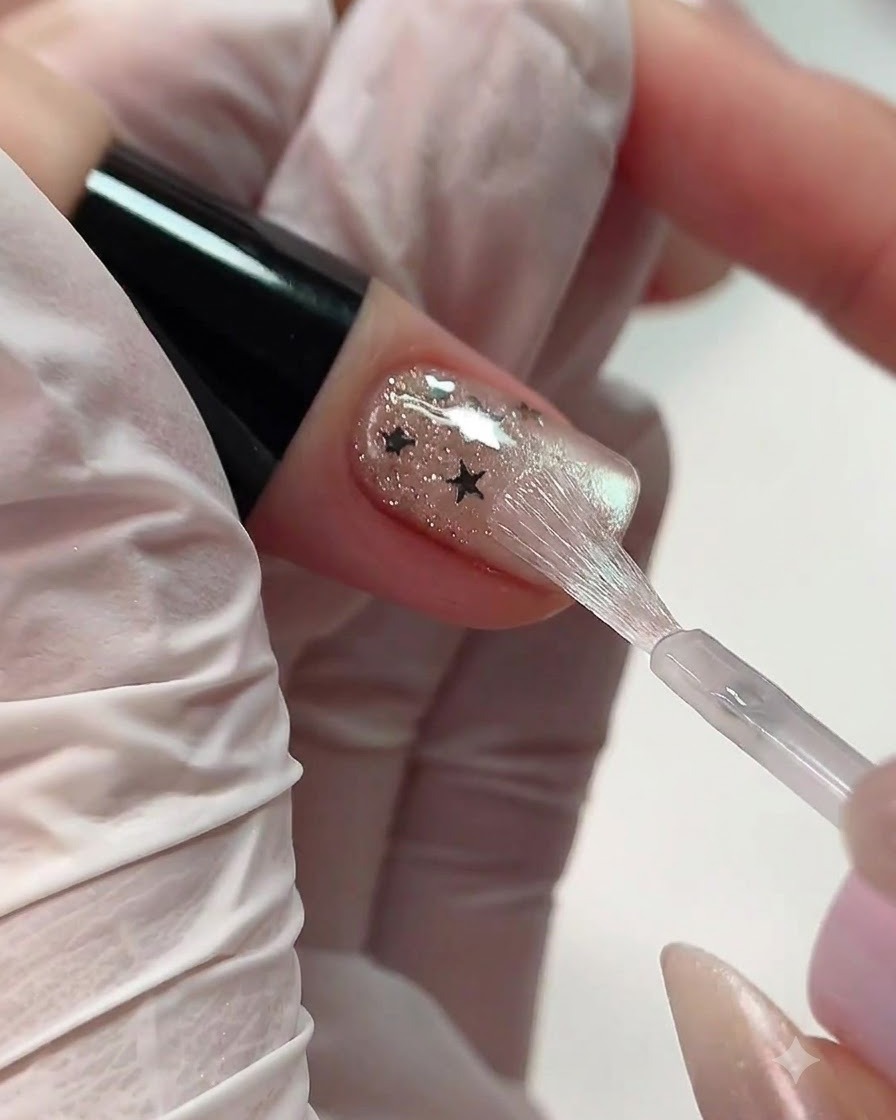 Ein kleiner Schwammapplikator tupft und glättet Gel sanft in der Nagelhautzone eines Fingernails.