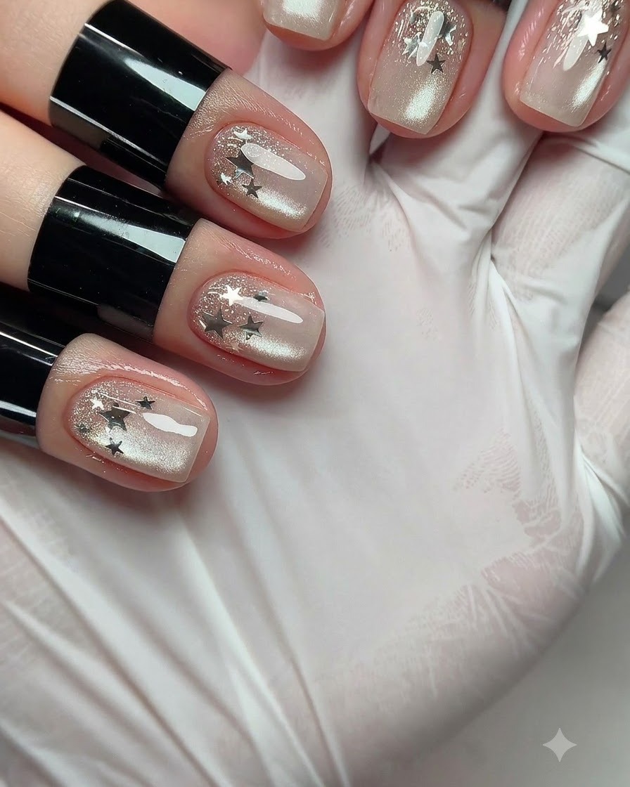 Ein Manikürepinsel trägt schimmernden silbernen Cat-Eye-Gellack auf einen Nagel auf.