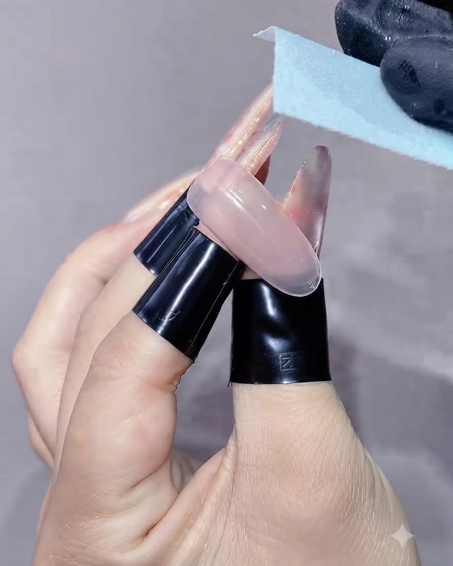 Eine be Handschuh bedeckte Hand reinigt mit einem Alkoholtuch die klebrige Rückstandsschicht einer ausgehärteten Nagelverlängerung.